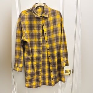 Yellow and Brown Plaid Button Down Shirt Dress.